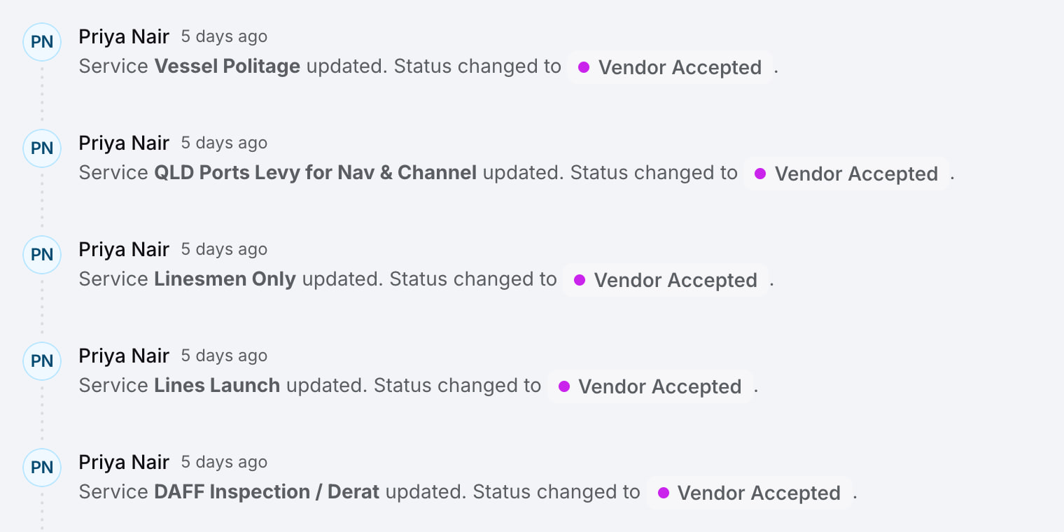 Port call activity feed recording each service moving to vendor accepted