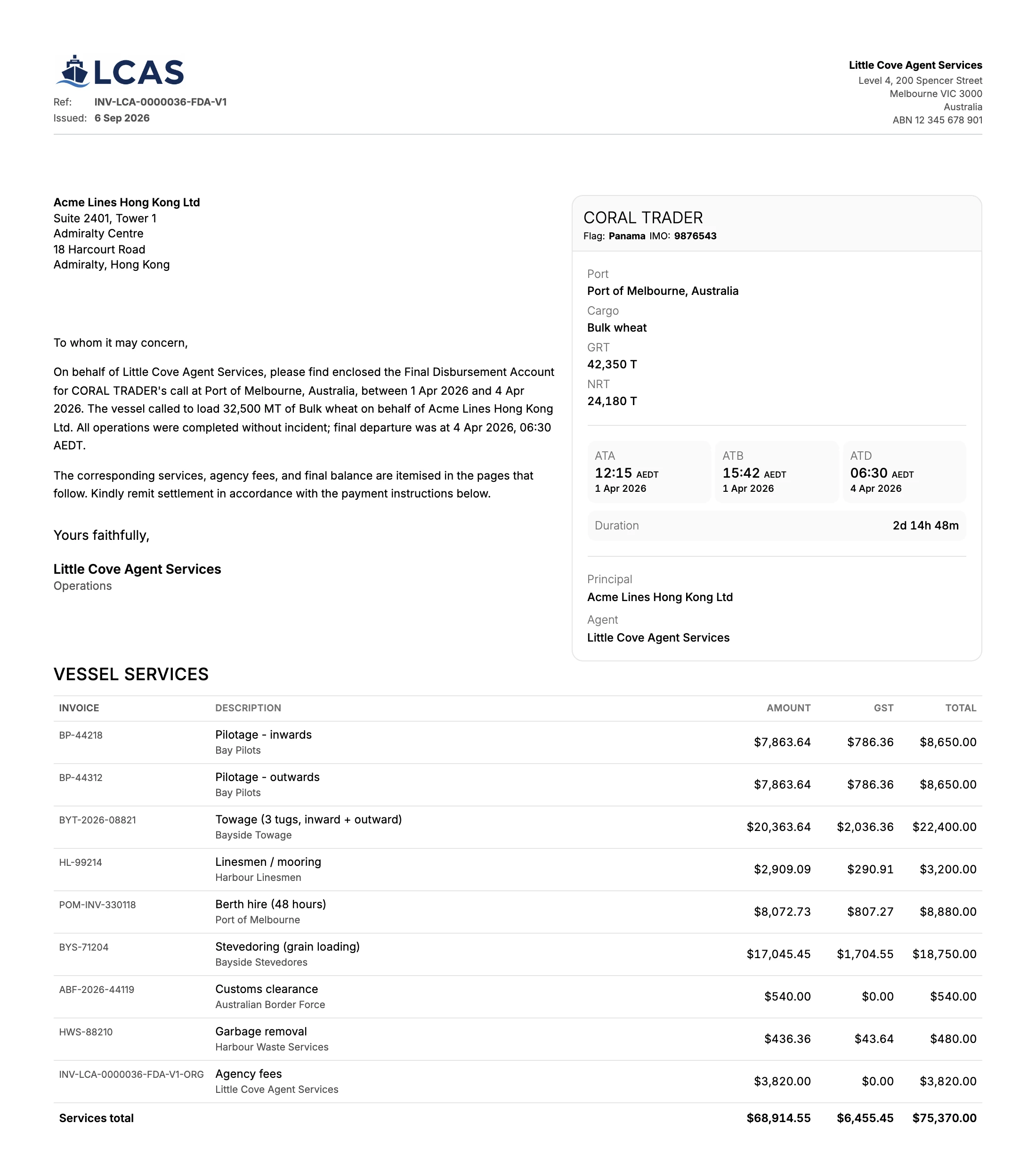 Cover letter page of the final disbursement account for CORAL TRADER, with the vessel summary and itemised services totalling $75,370.00