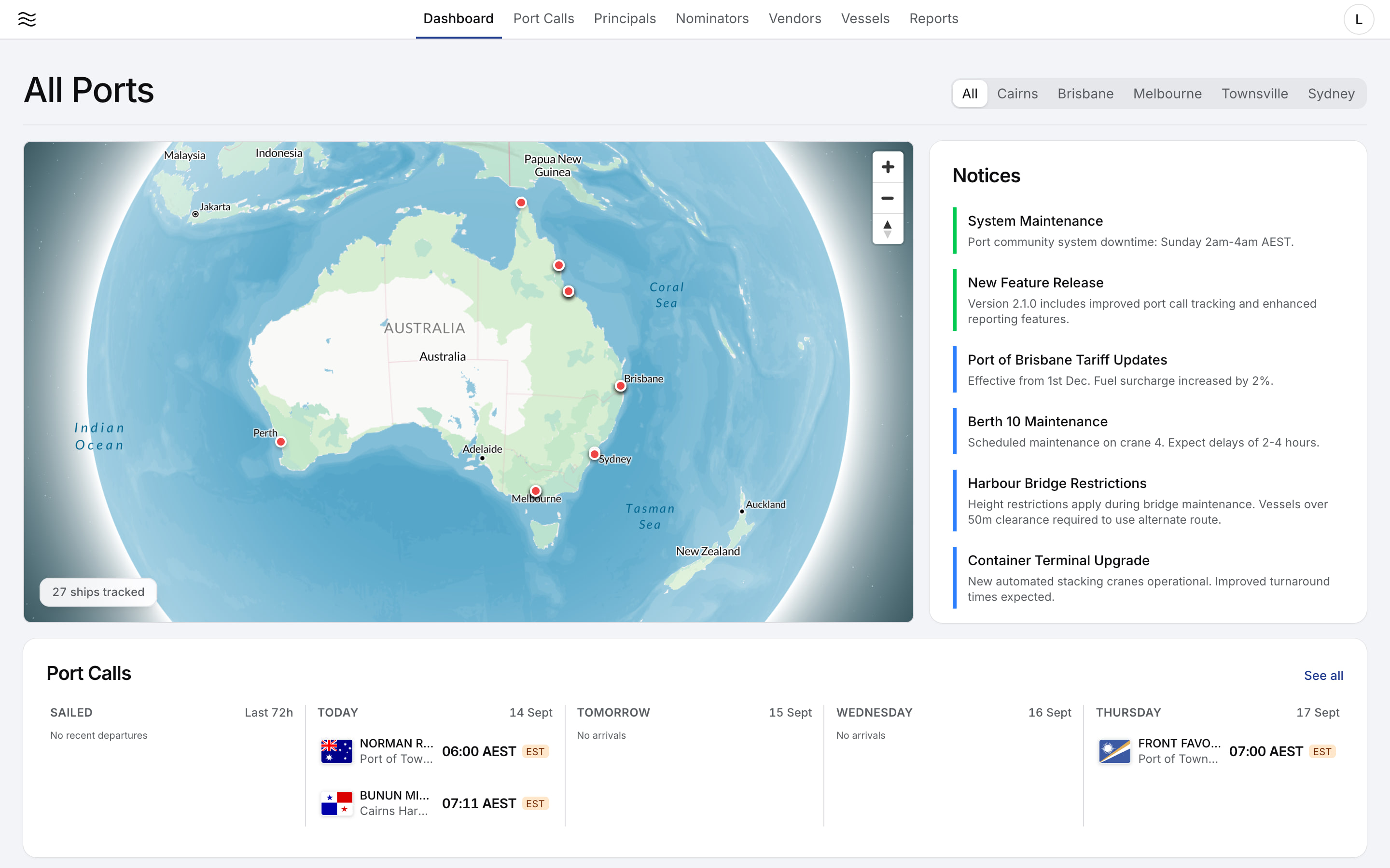 Shipflow dashboard with a live map of tracked vessels around Australia, port notices and the arrivals schedule