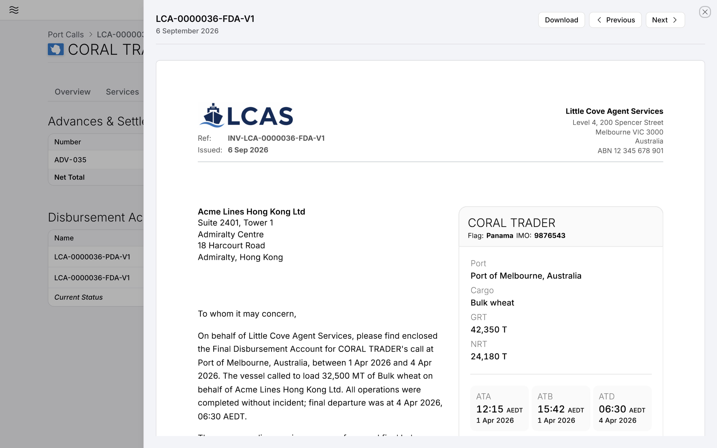 Preview of the final disbursement account for CORAL TRADER, open beside the port call's issued PDA and FDA versions