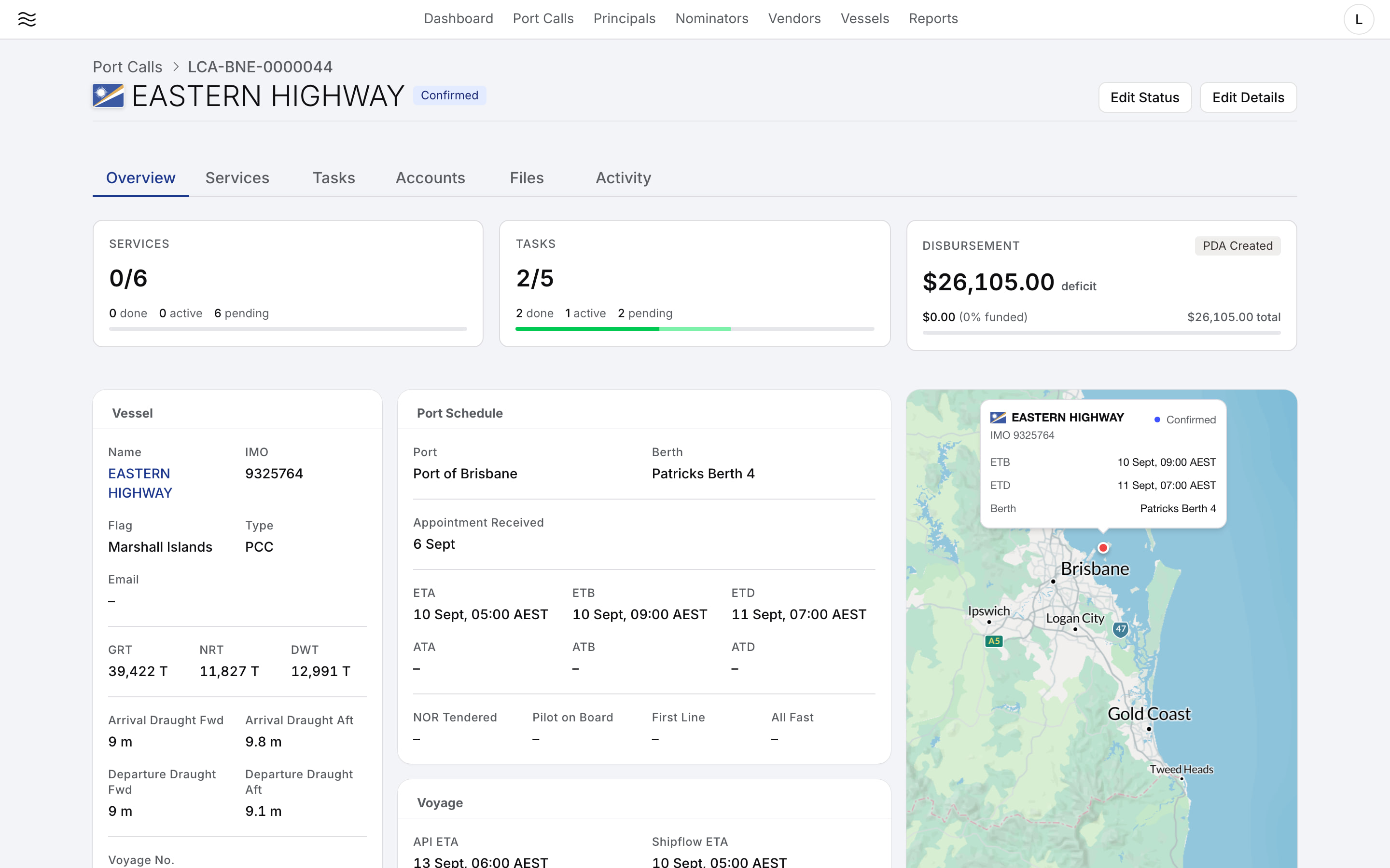 Shipflow port call overview for EASTERN HIGHWAY at the Port of Brisbane, with services, tasks, disbursement status, vessel particulars and the port schedule